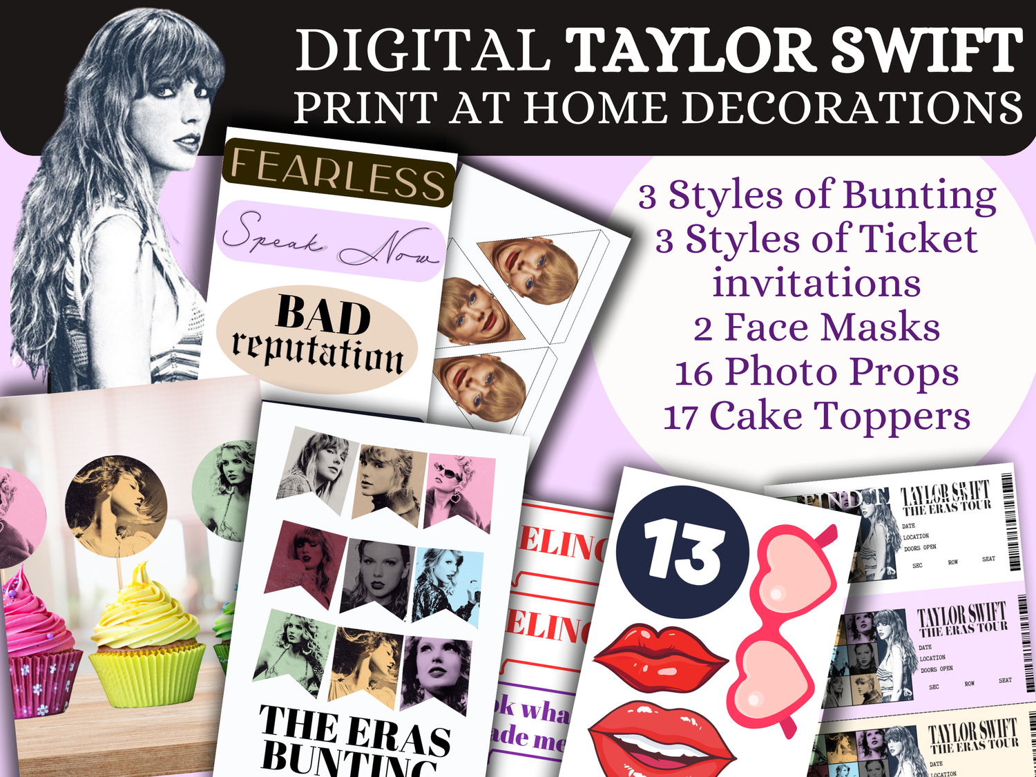 Taylor Swift Print at Home Decorations - Bunting, Face Masks, Eras Ticket  Invitations, Photo Props, & Cake Toppers Instant Digital Download —  Smartblend