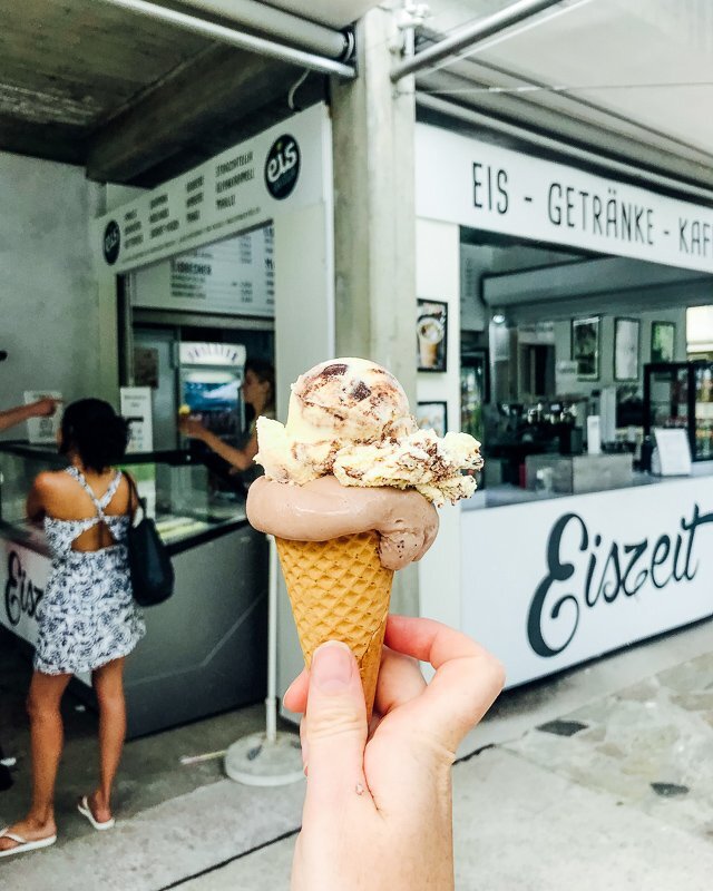 Ice cream cone held aloft at Eis Greissler