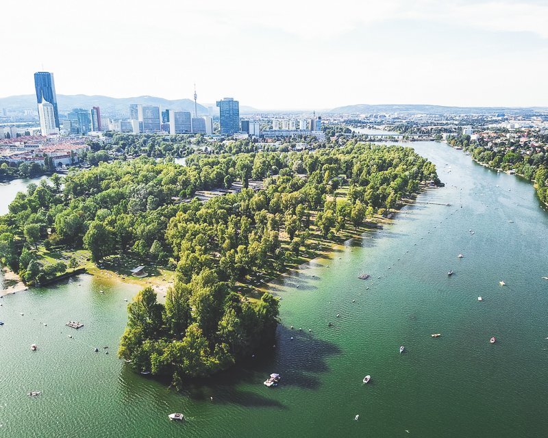 Aerial image of Donauinsel in summer