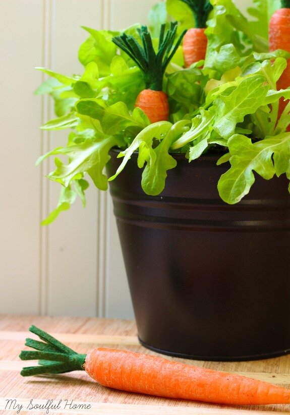 Spring decor lettuce and carrot planter http://mysoulfulhome.com