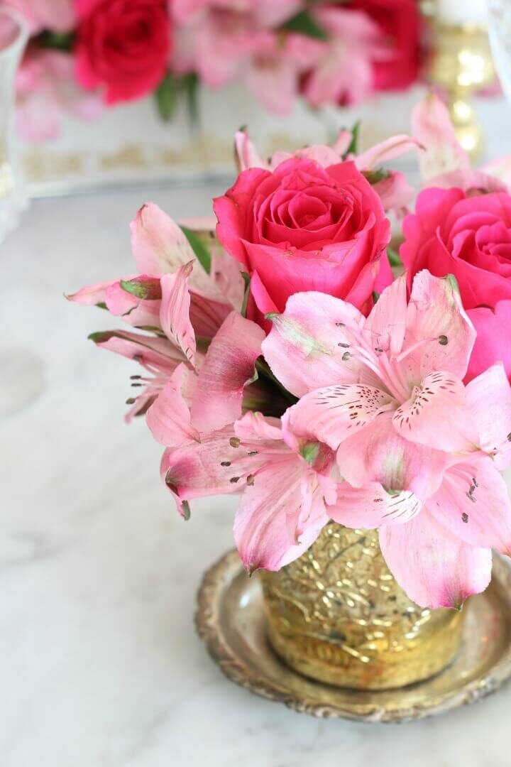 Alstroemeira flowers in gold cup http://mysoulfulhome.com