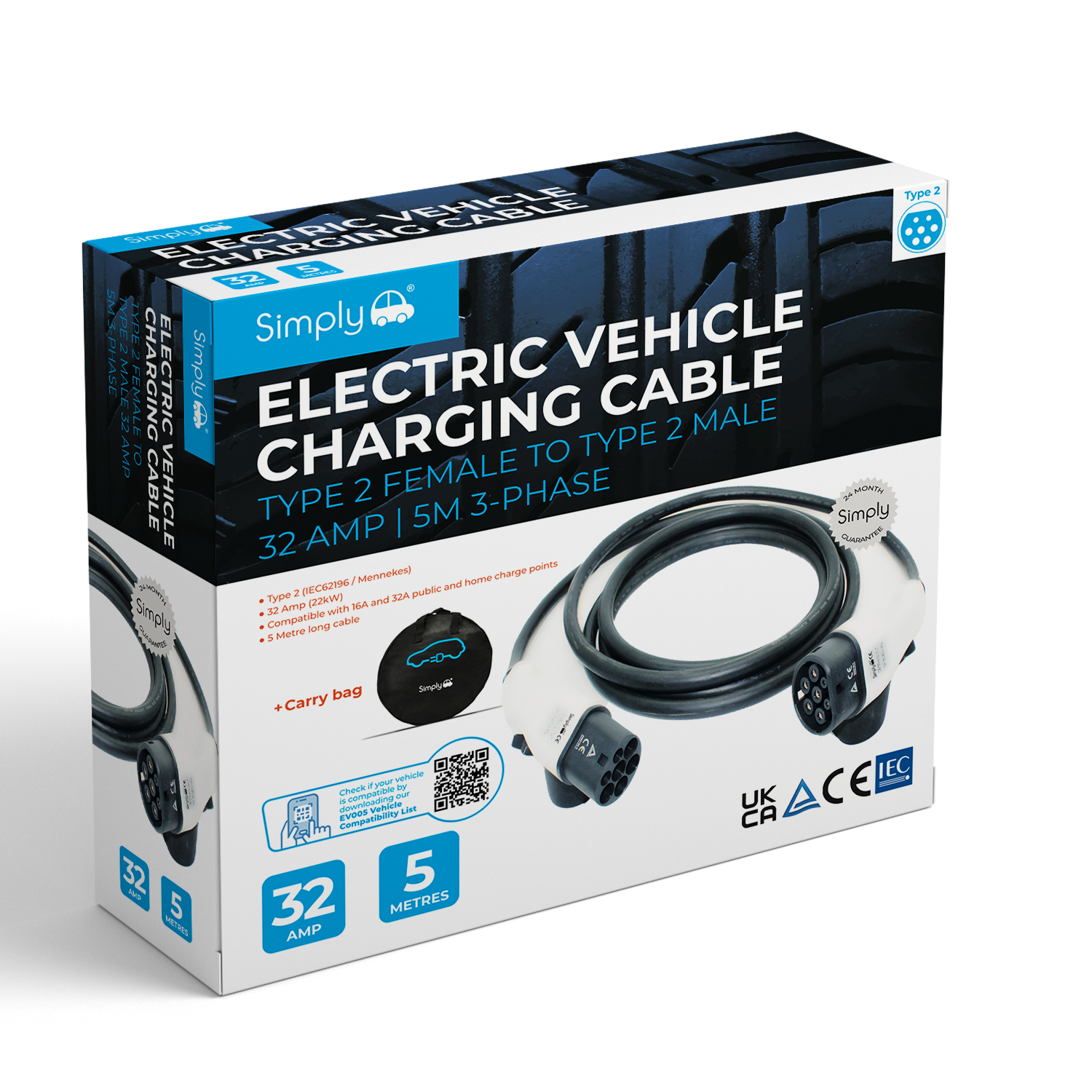 Premium EV charging cable for your electric car with type 2 socket