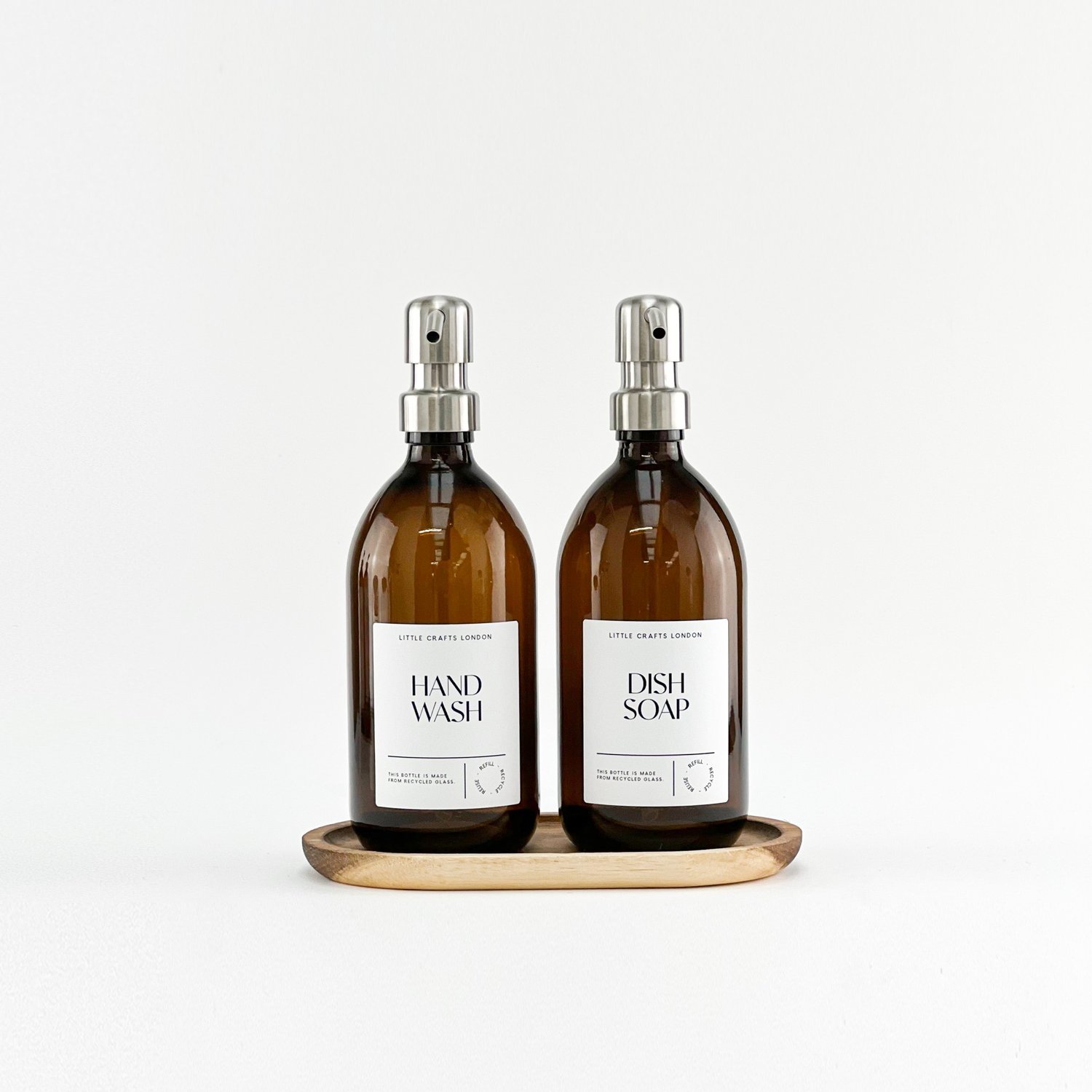 Set of 2 Amber Glass Bottle 500 ML with Stainless Steel Pump & Oval Acacia Tray — LITTLE CRAFTS LONDON