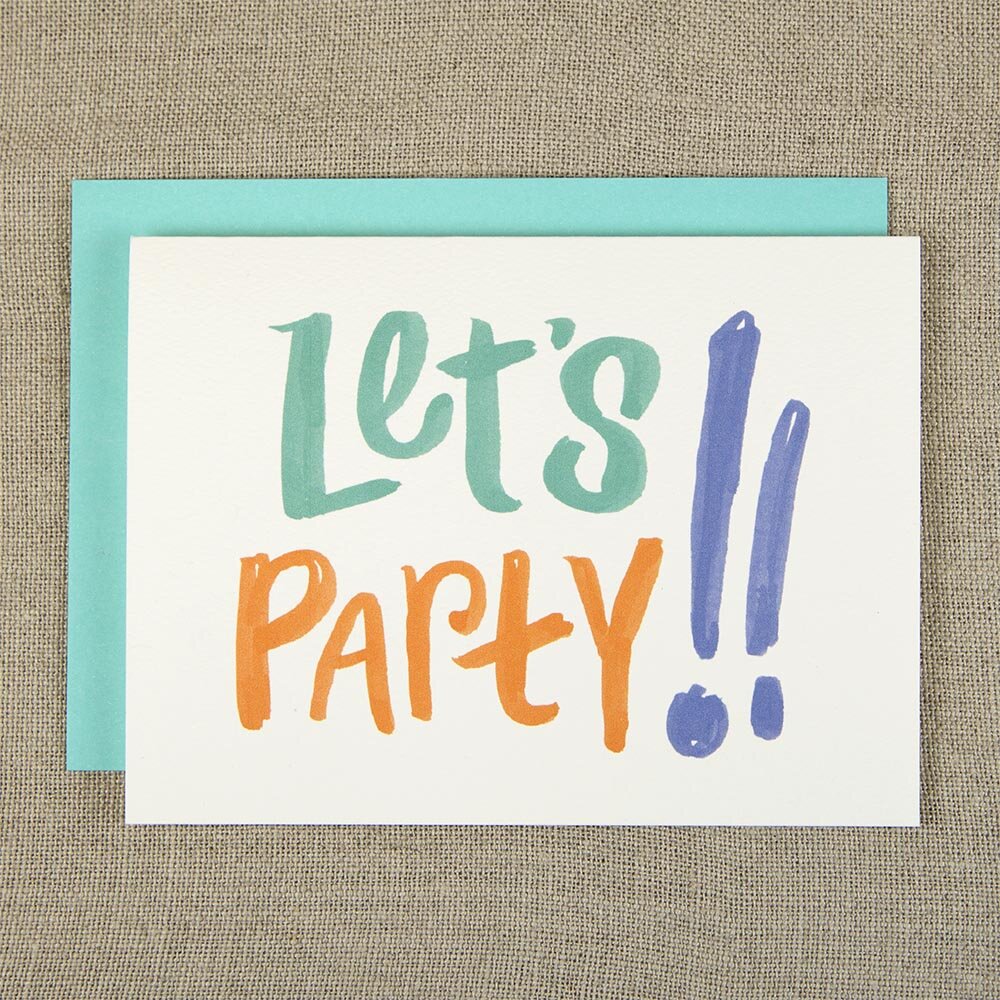 bright, colorful hand lettered cards | let's party card design