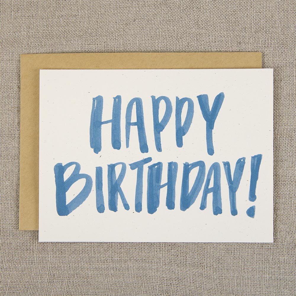 bright, colorful hand lettered cards | blue happy birthday card design