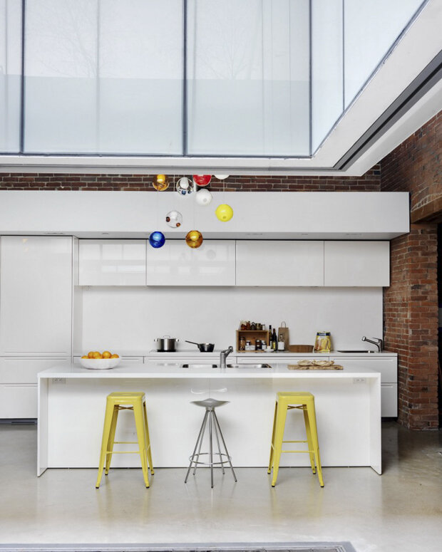 I really like the colorful bulbs and the white kitchen