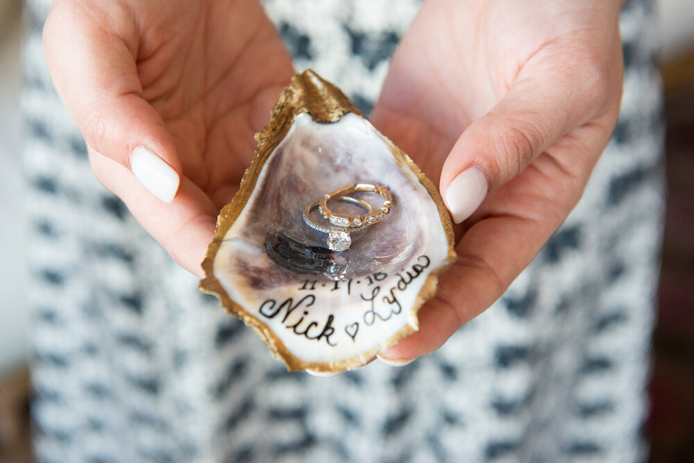 Decoupaged oyster and scallop shell gift for bride ring holder