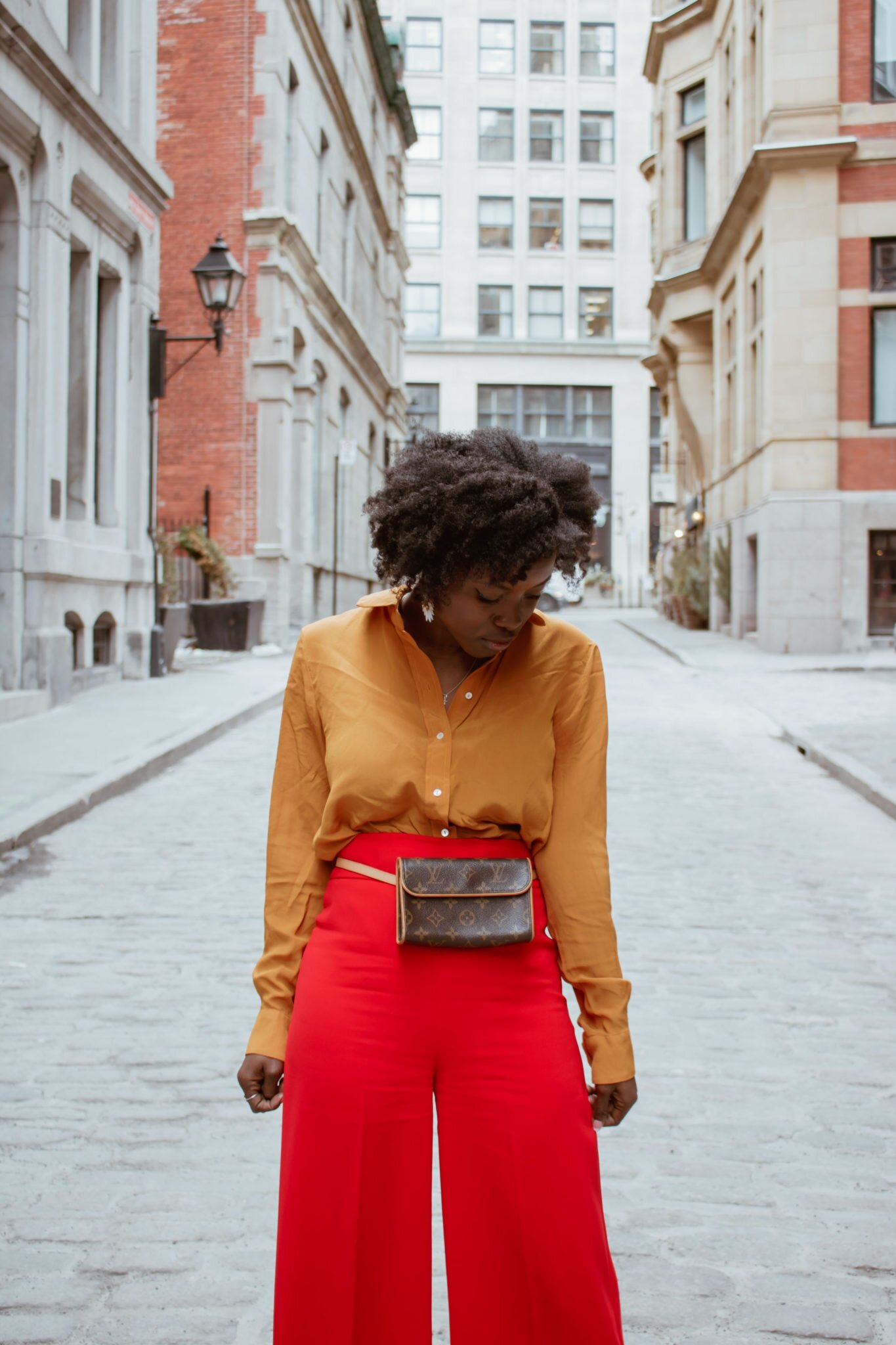 Trend focus: the belt bag ~~ Zara red palazzo pants ~~ how to style Louis Vuitton Florentine Fanny pack ~~ Petite and Bold ~~ Street style fashion ~~ luxury minimalist blog