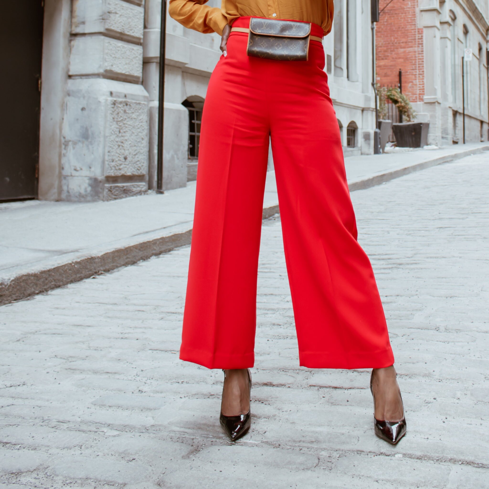 Zara red palazzo pants ~~ Louis Vuitton Florentine Bag ~~ Petite and Bold ~~ Street style fashion ~~ luxury minimalist blog