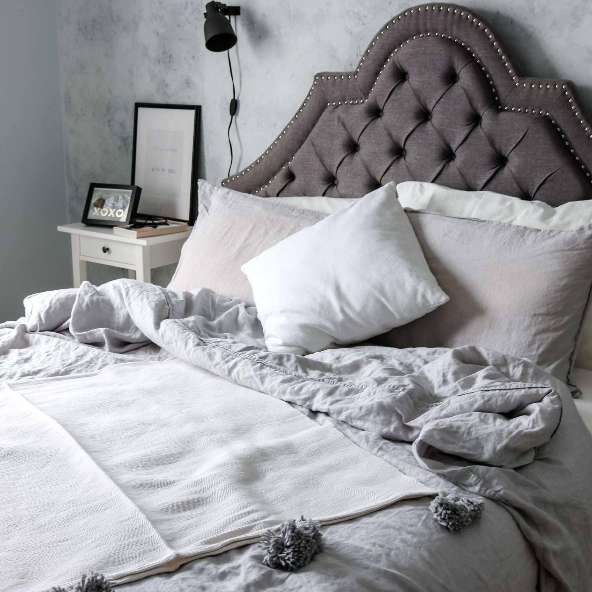 gray cozy bedding minimalist bedroom