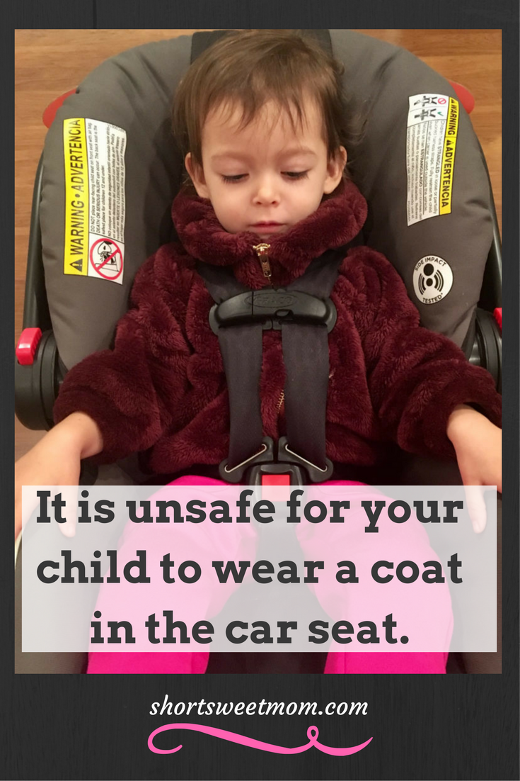 Did you know this is a car seat safety hazard? Visit shortsweetmom.com to learn more about car seat safety. This information could save a child's life. 