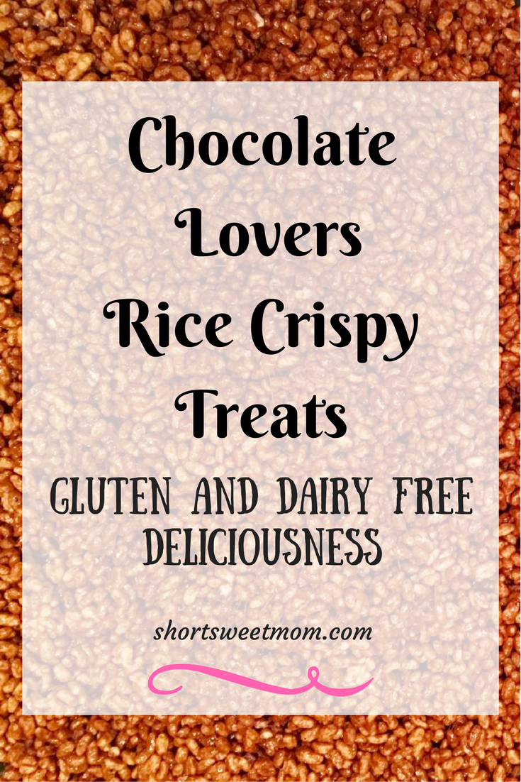 Chocolate lovers rice crispy treats, gluten and dairy free. Perfect for the holidays. Visit shortsweetmom.com to see how to make this delicious treat.
