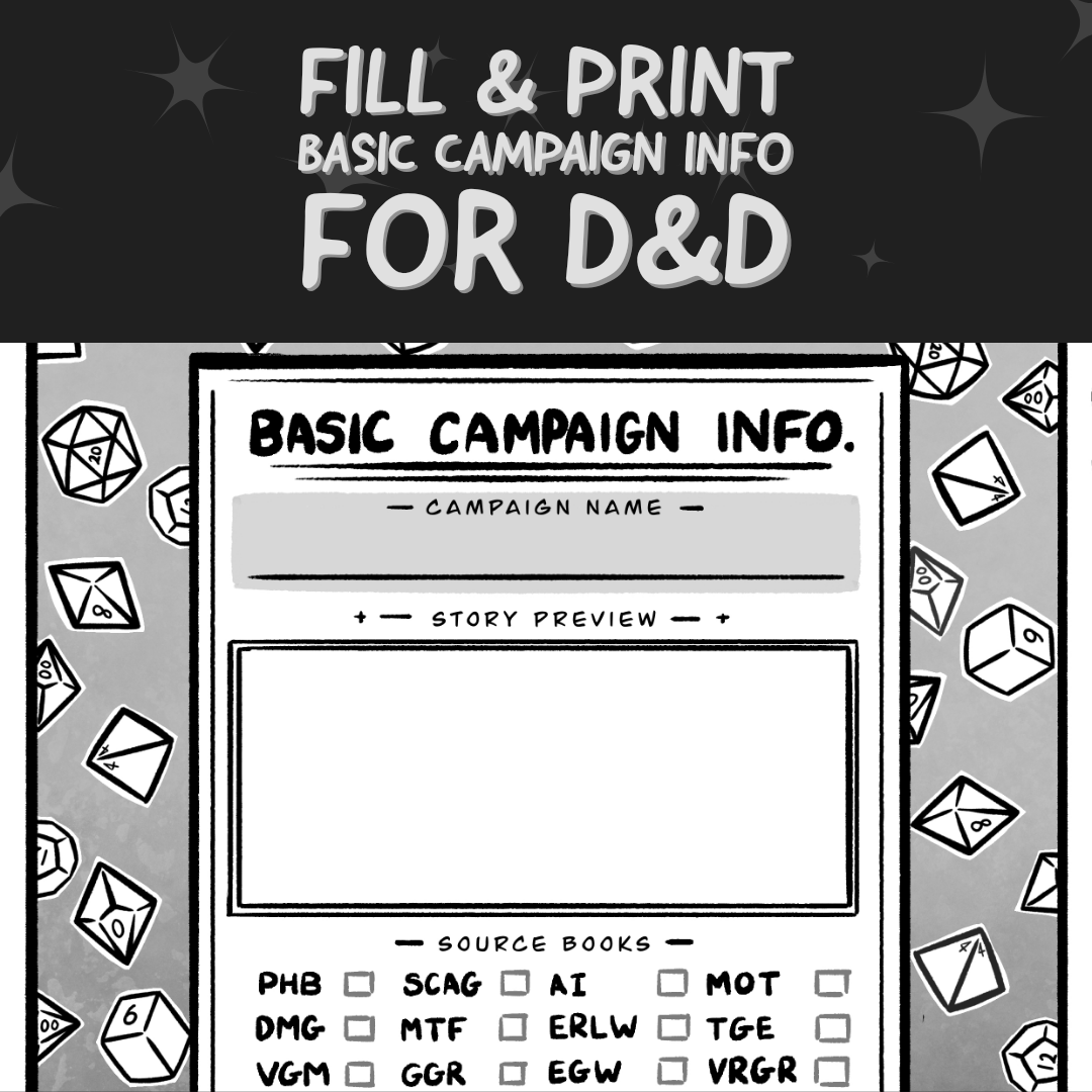 Basic Campaign Information Sheet for D D 5e FILLABLE PDF PRINTABLE