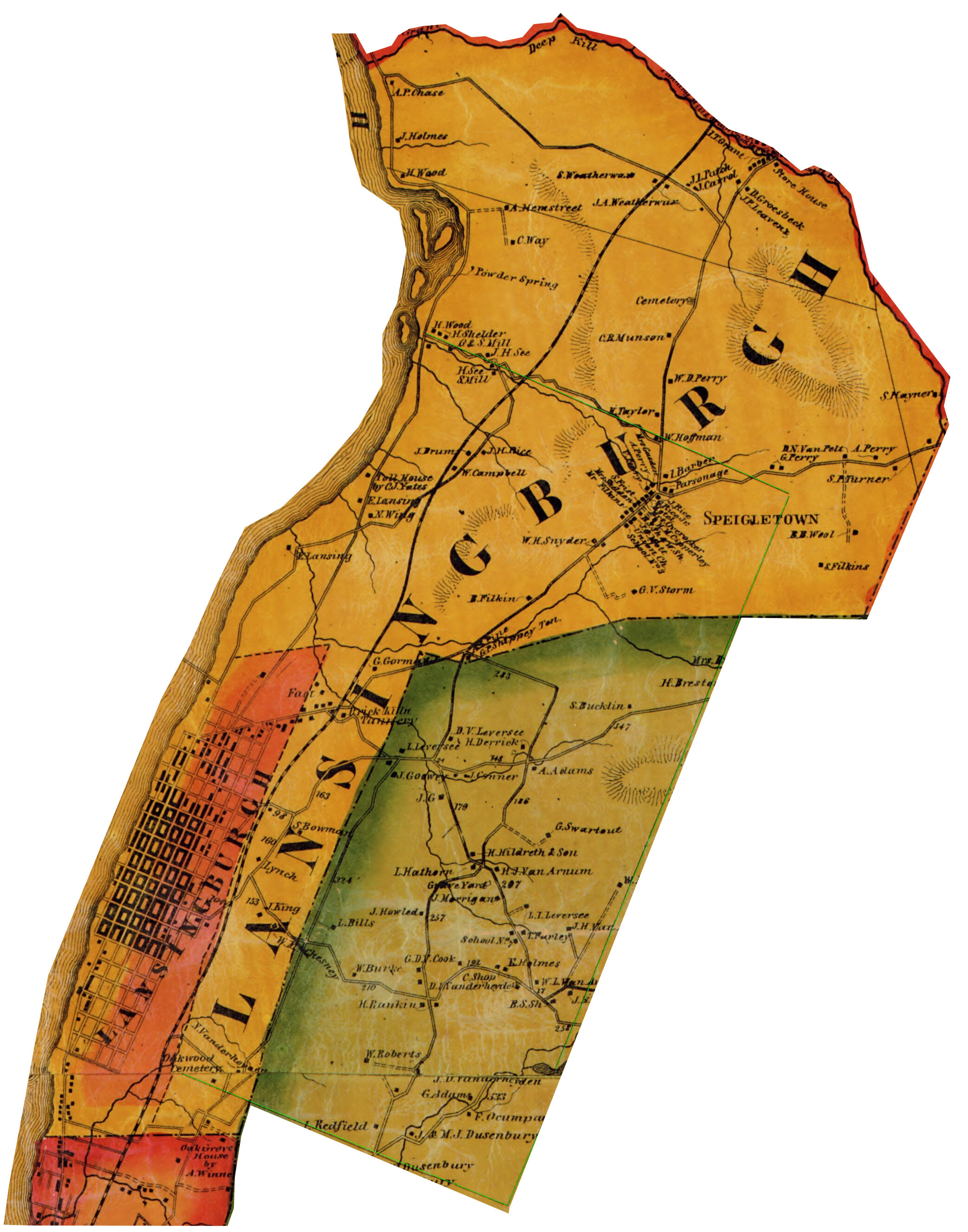 Image of Town of Lansingburgh with Batestown area (red at bottom) and remainder of Stone Arabia (green) cropped from Map of Rensselaer Co. New York by D. J. Lake & S. N. Beers, 1861. http://www.loc.gov/item/2009583522