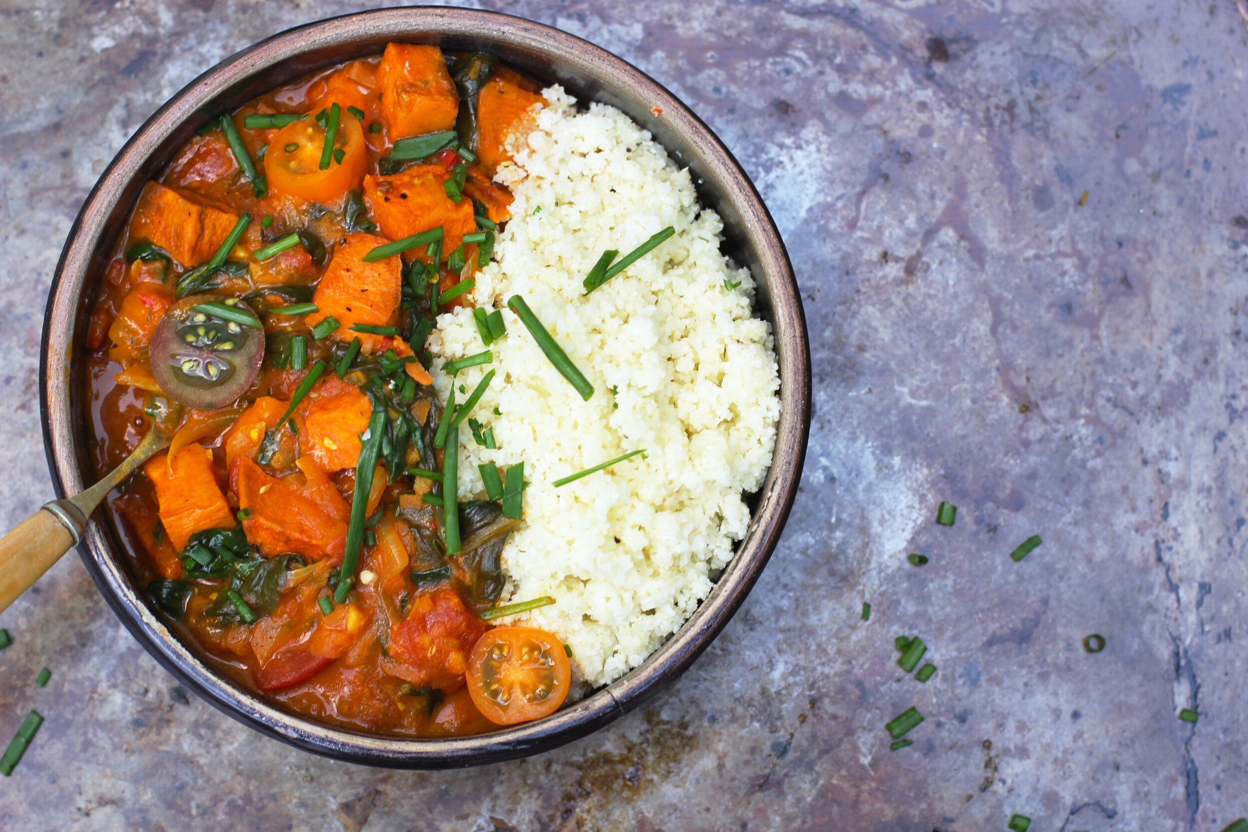 Roasted Sweet Potato Curry with Cauliflower Rice | The Mother Cooker