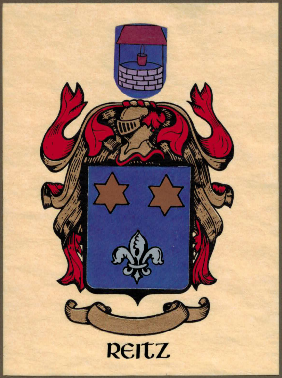 The traditional   Reitz    coat of arms , as recorded in various  Reitz  books (e.g.  Family History of the Descendants of Johan Friedrich Reitz , 1930). I believe it is not historically accurate, however.