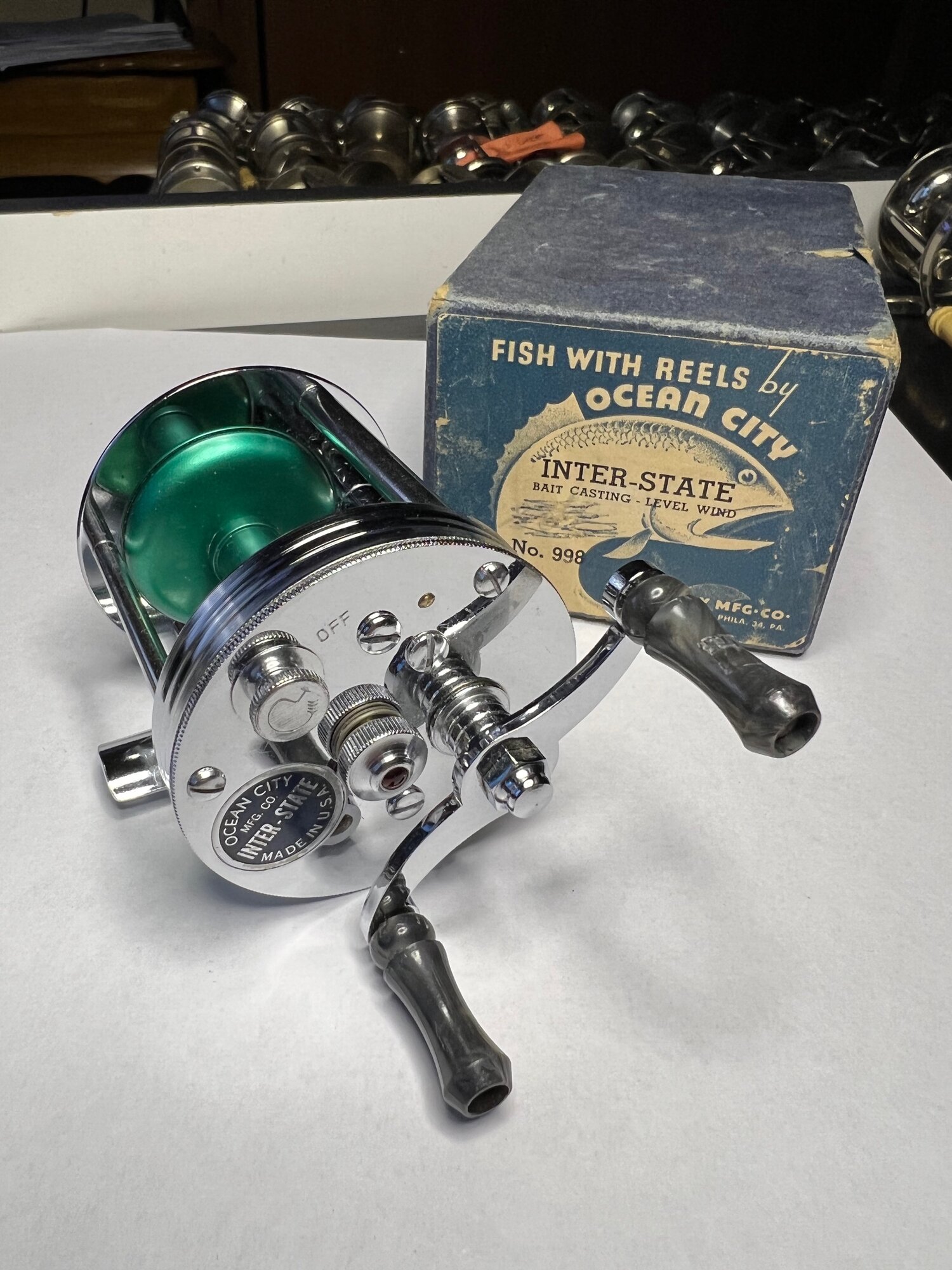 Ocean City INTER-STATE No. #998 Level Wind Jeweled with Original Pre-War  Box Circa-1940 — VINTAGE FISHING REELS