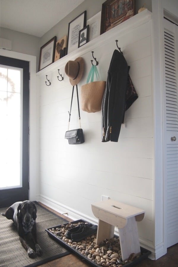 Entryway makeover with faux shiplap and a DIY picture ledge