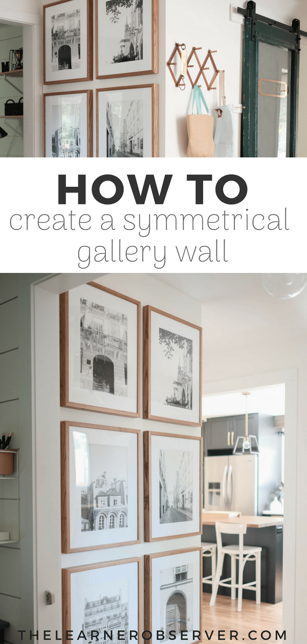 Graphic showing a symmetrical gallery wall in a hallway with light walnut frames from PosterJack