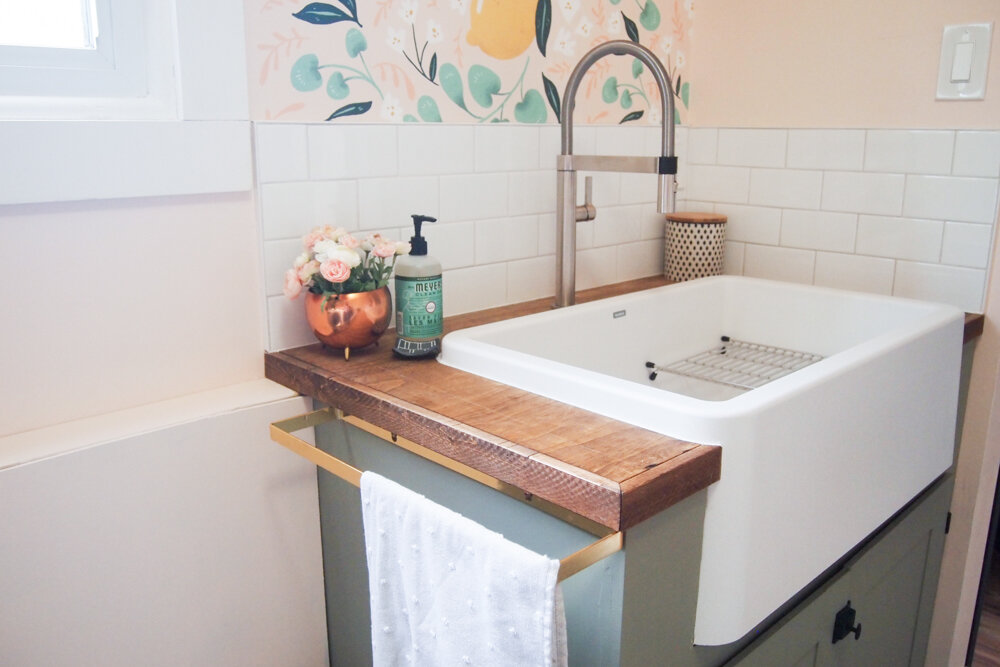 laundry apron front sink (blanco ikon 30), faux butcher block countertop and gold towel bar