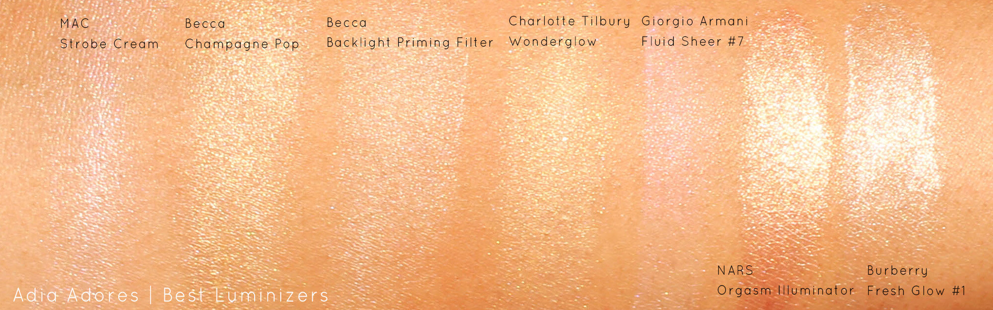 Comparison swatches of the best luminizers on brown skin.