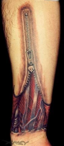 Zipper forearm anatomy tattoo by Matthew Amey