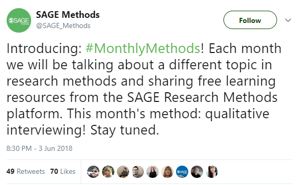 Introducing: Monthly Methods! Each month we will be talking about a different topic in research methods and sharing free learning resources from the SAGE Research Methods platform. This month's method: qualitative interviewing! Stay tuned.