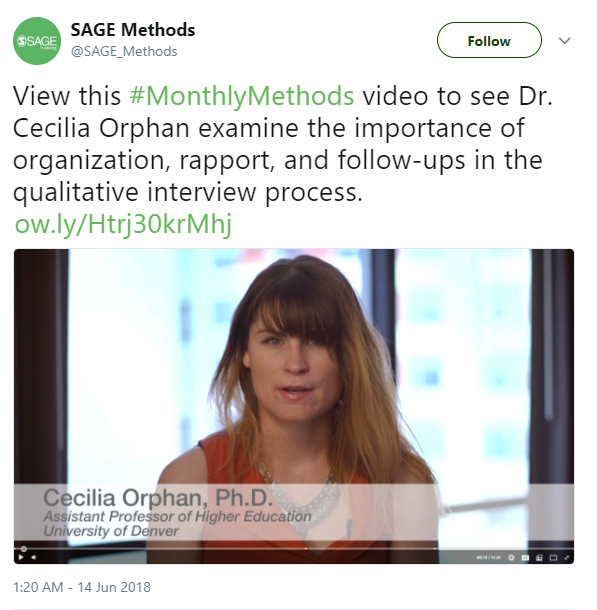 View this Monthly Methods video to see Dr. Cecilia Orphan examine the importance of organization, rapport, and follow-ups in the qualitative interview process. 