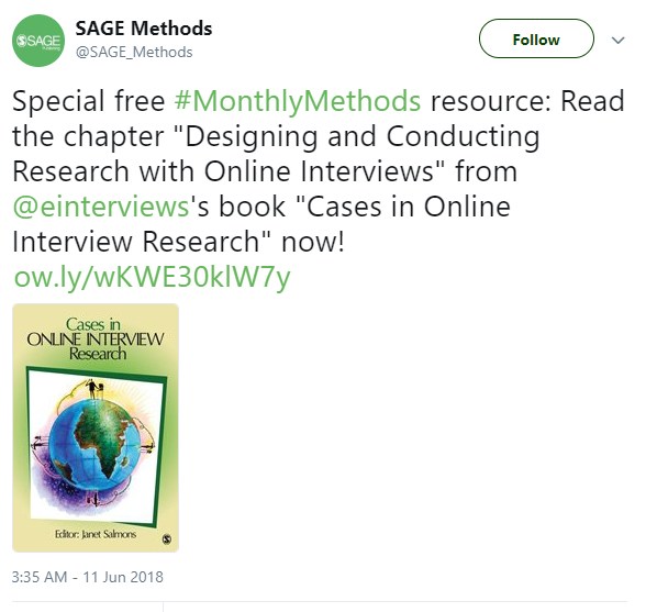 Special free Monthly Methods resource: Read the chapter "Designing and Conducting Research with Online Interviews" from Janet Salmons' book "Cases in Online Interview Research" now! 