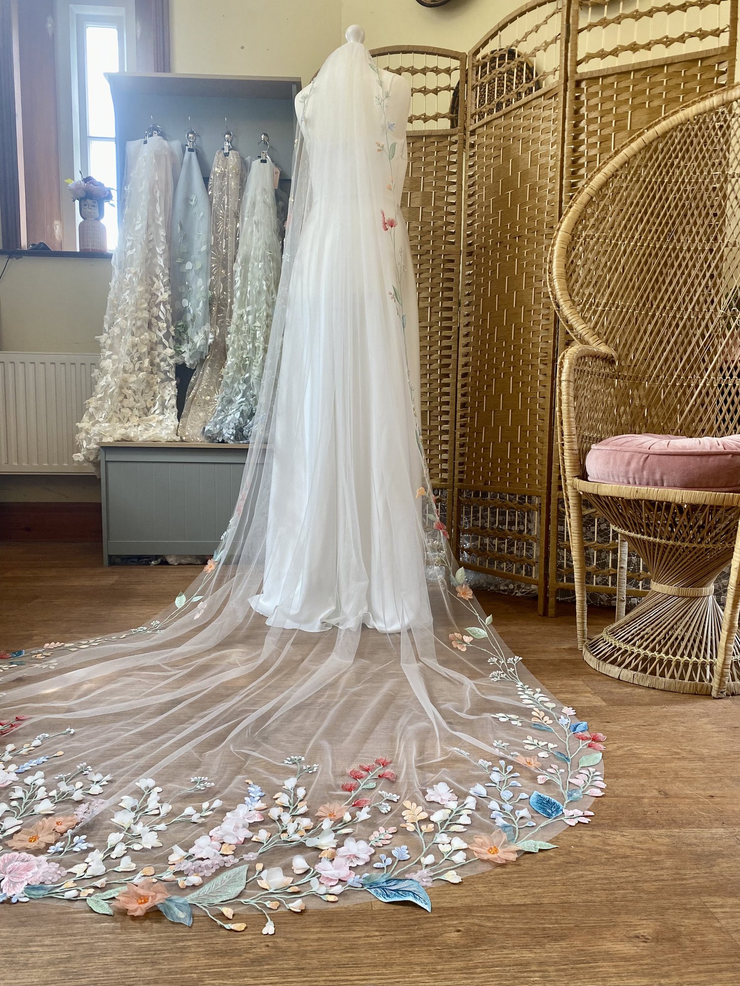 BLOSSOM - Delicate wild flower embroidered wedding veil. 3D flower bespoke  Pastel colour flower veil — Meadow Sweet Bridal