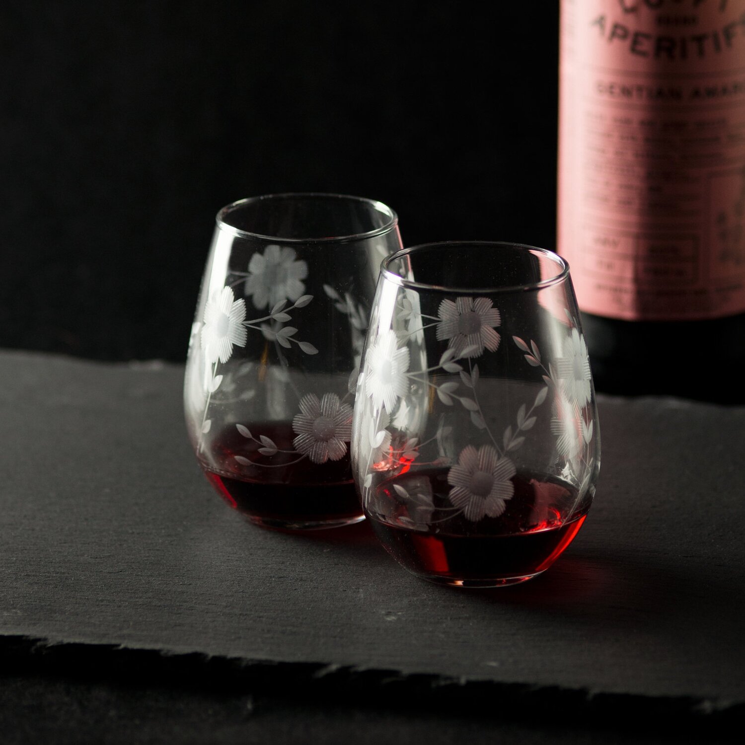 Engraved Matte Black 465ml Stemless Wine Glass