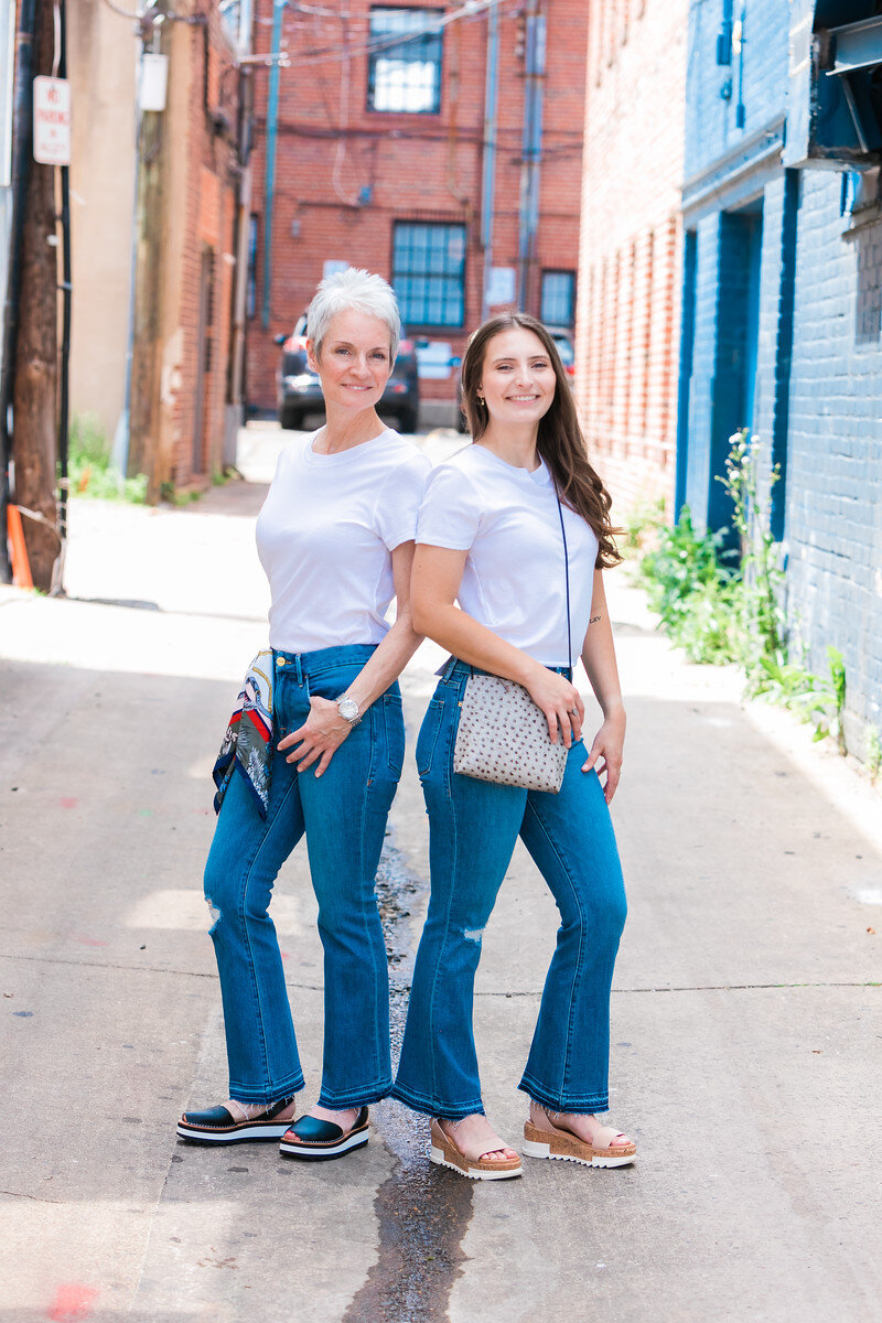 Jane and Margaret in Le Crop Mini Boot Released Hem by Frame
