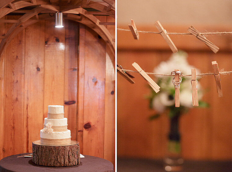 Wedding cake and wedding ring with clothes pins.
