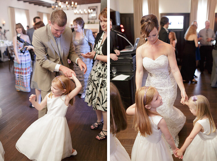 Bride and guests dancing with flower girls.