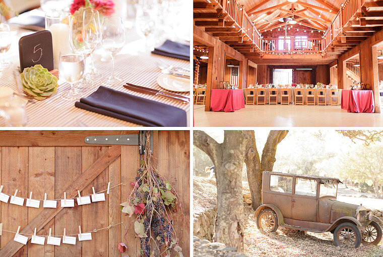 Table, old car, barn, and place settings at Napa barn wedding.