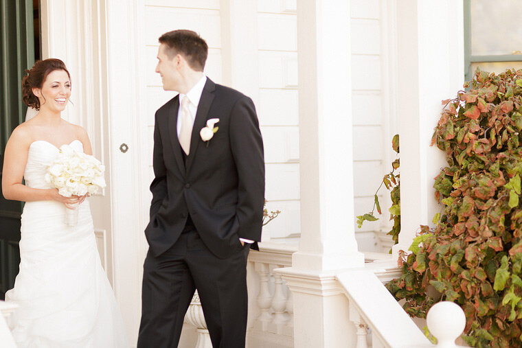 Bride and groom's first look at Rengstorff House.