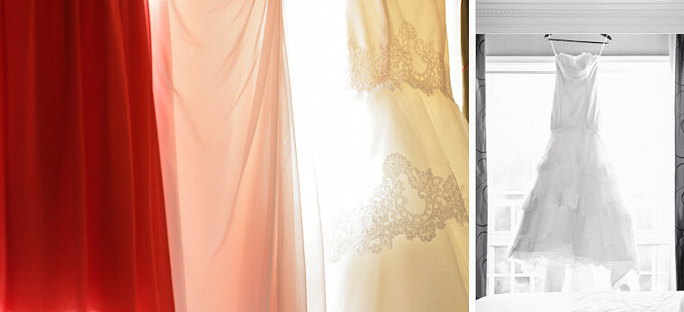 White, pink, and red wedding dresses for a Chinese wedding.