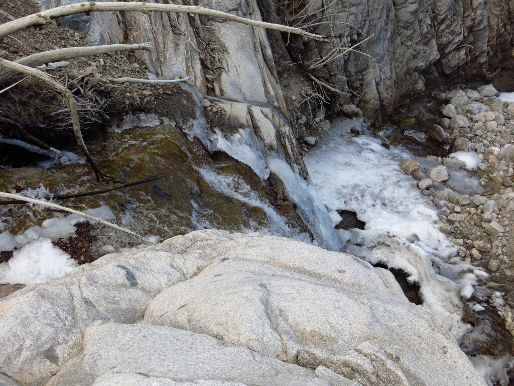 The lower portions of the Bairs Creek drainage are blocked by willows and icy waterfalls.