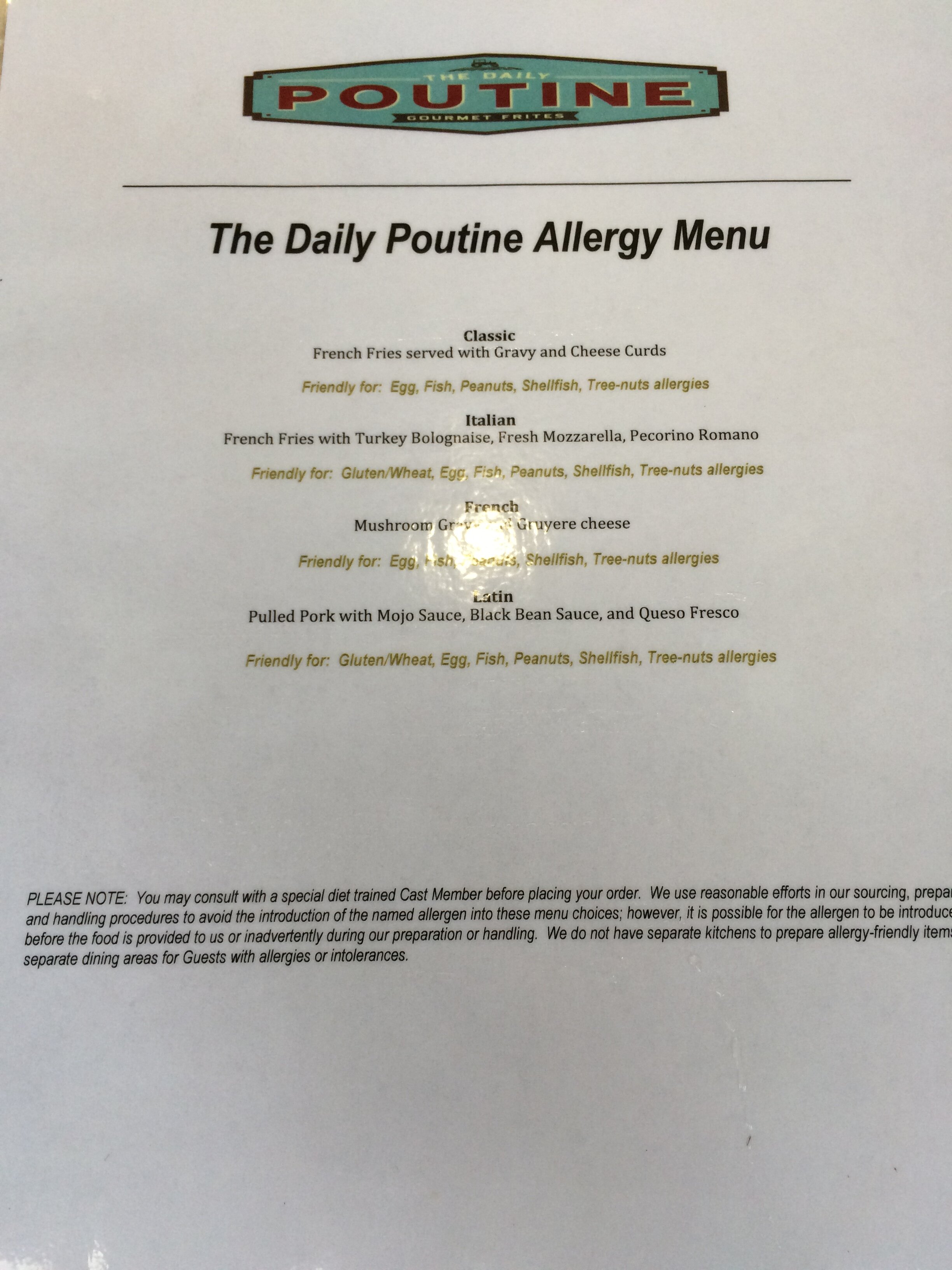 The Daily Poutine Allergy Friendly Menu