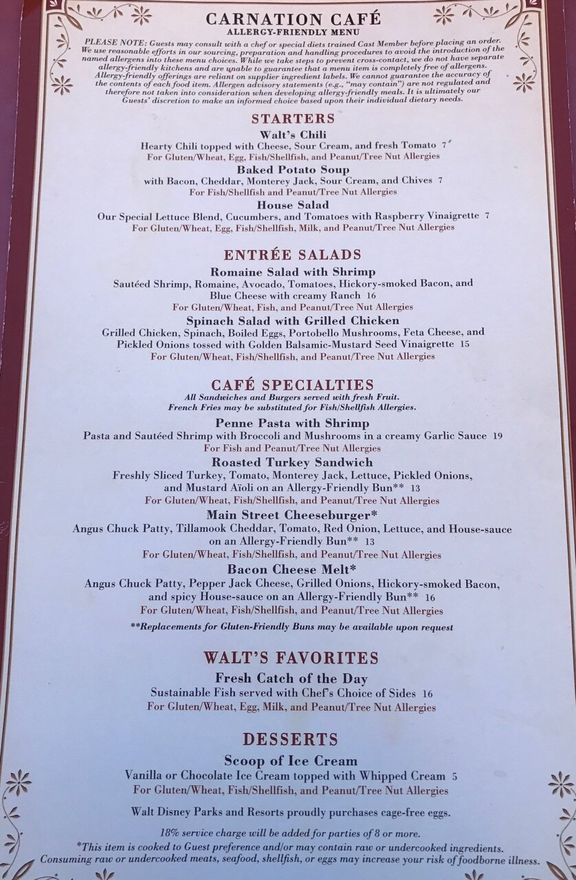 Carnation Cafe Allergy Friendly Lunch and Dinner Menu