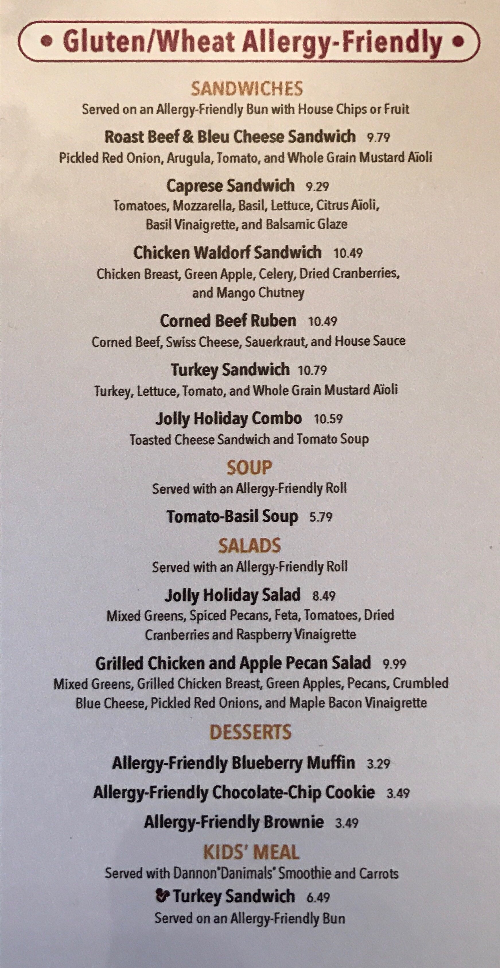 Jolly Holiday Bakery Cafe Allergy Friendly Lunch & Dinner Menu