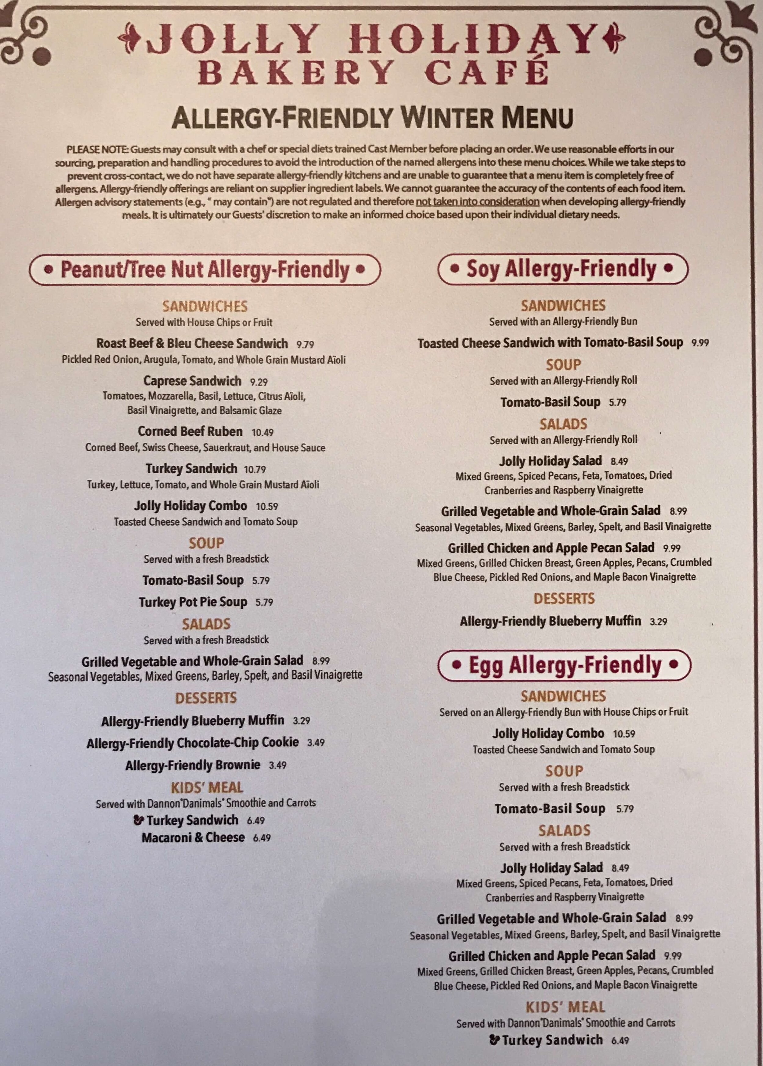 Jolly Holiday Bakery Cafe Allergy Friendly Lunch & Dinner Menu