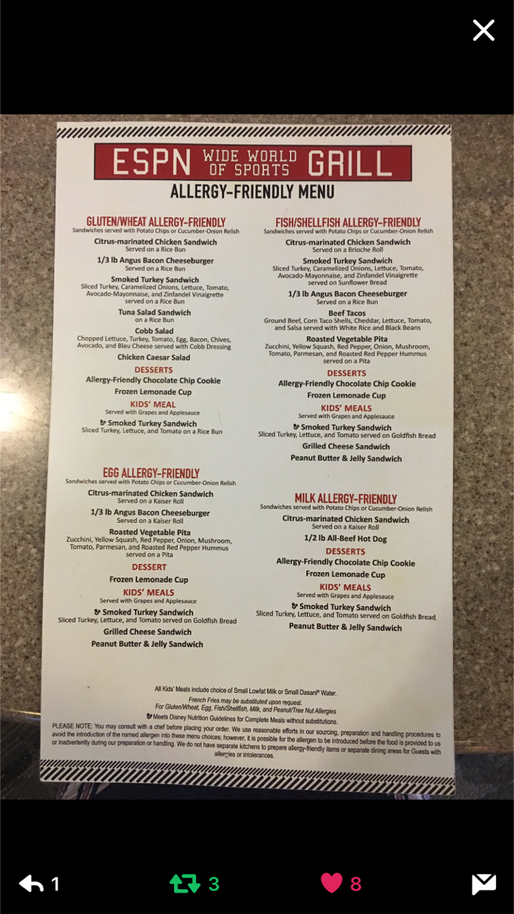 ESPN Wide World of Sports Grill Allergy Friendly Lunch and Dinner Menu
