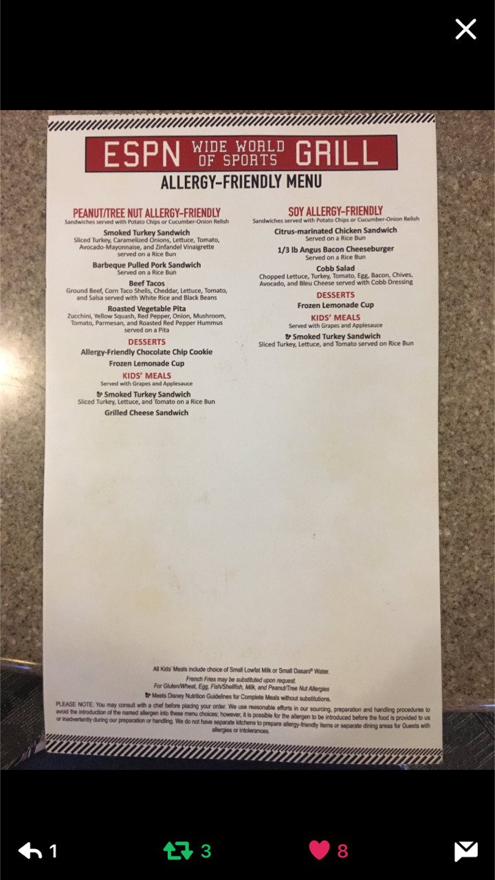 ESPN Wide World of Sports Allergy Friendly Lunch and Dinner Menu