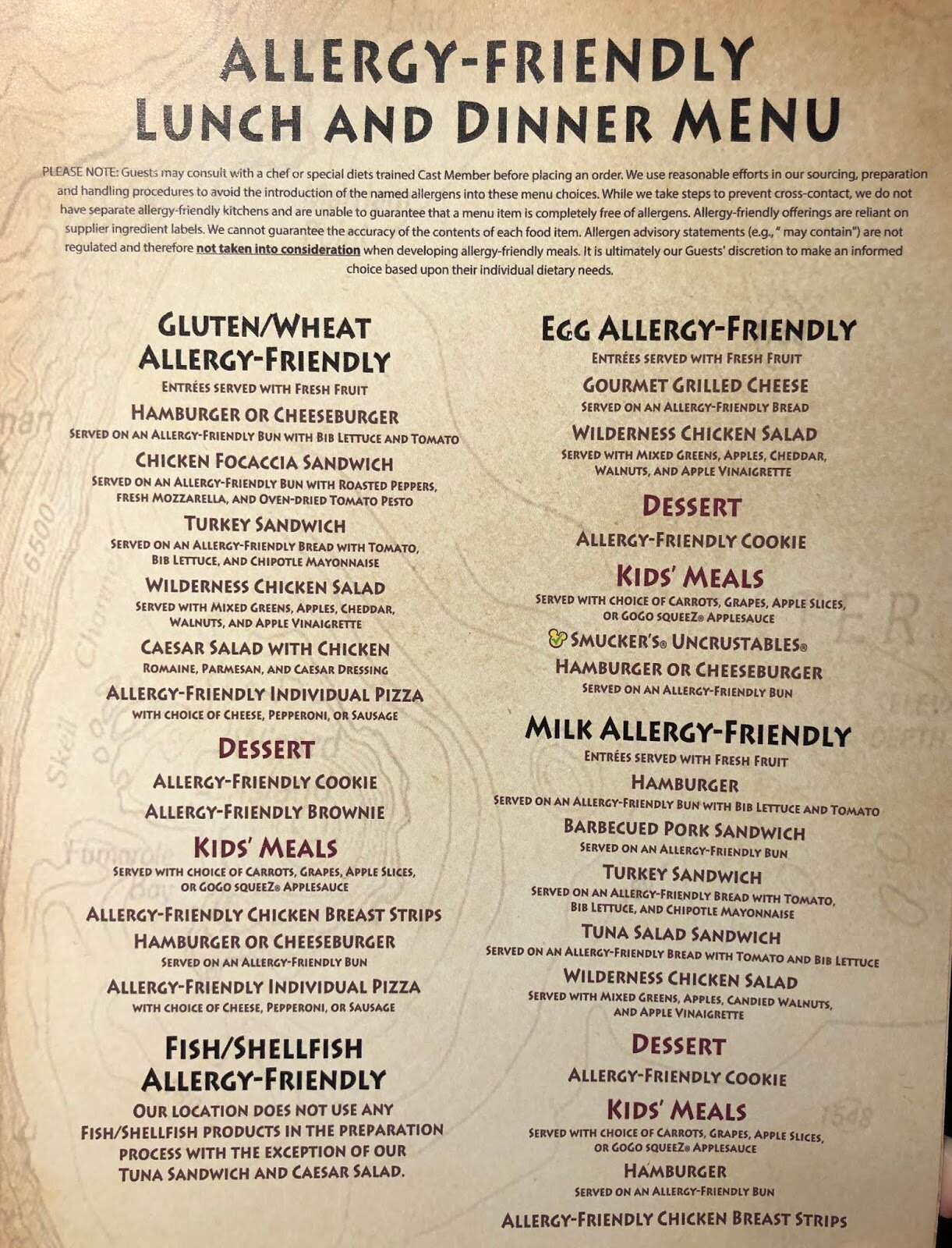 Roaring Fork Allergy Friendly Lunch and Dinner Menu