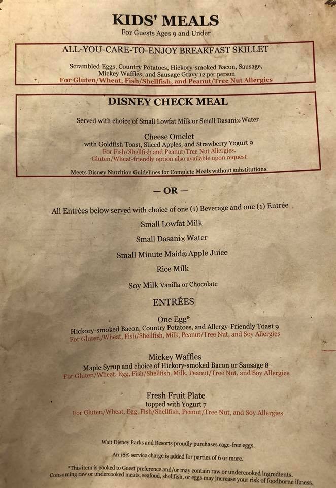 Whispering Canyon Cafe Allergy-Friendly Breakfast Menu