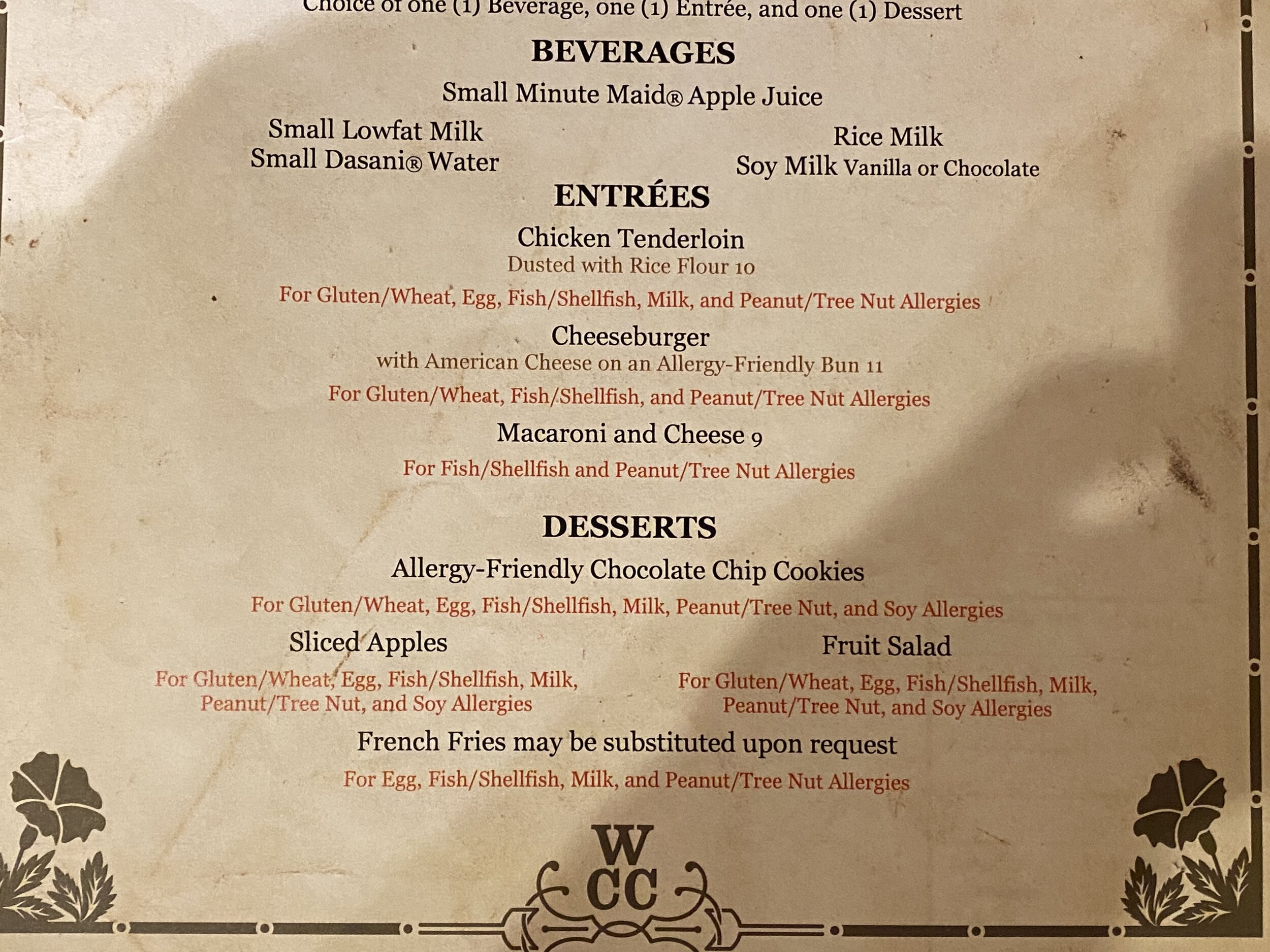 Whispering Canyon Cafe Allergy-Friendly Dinner Menu