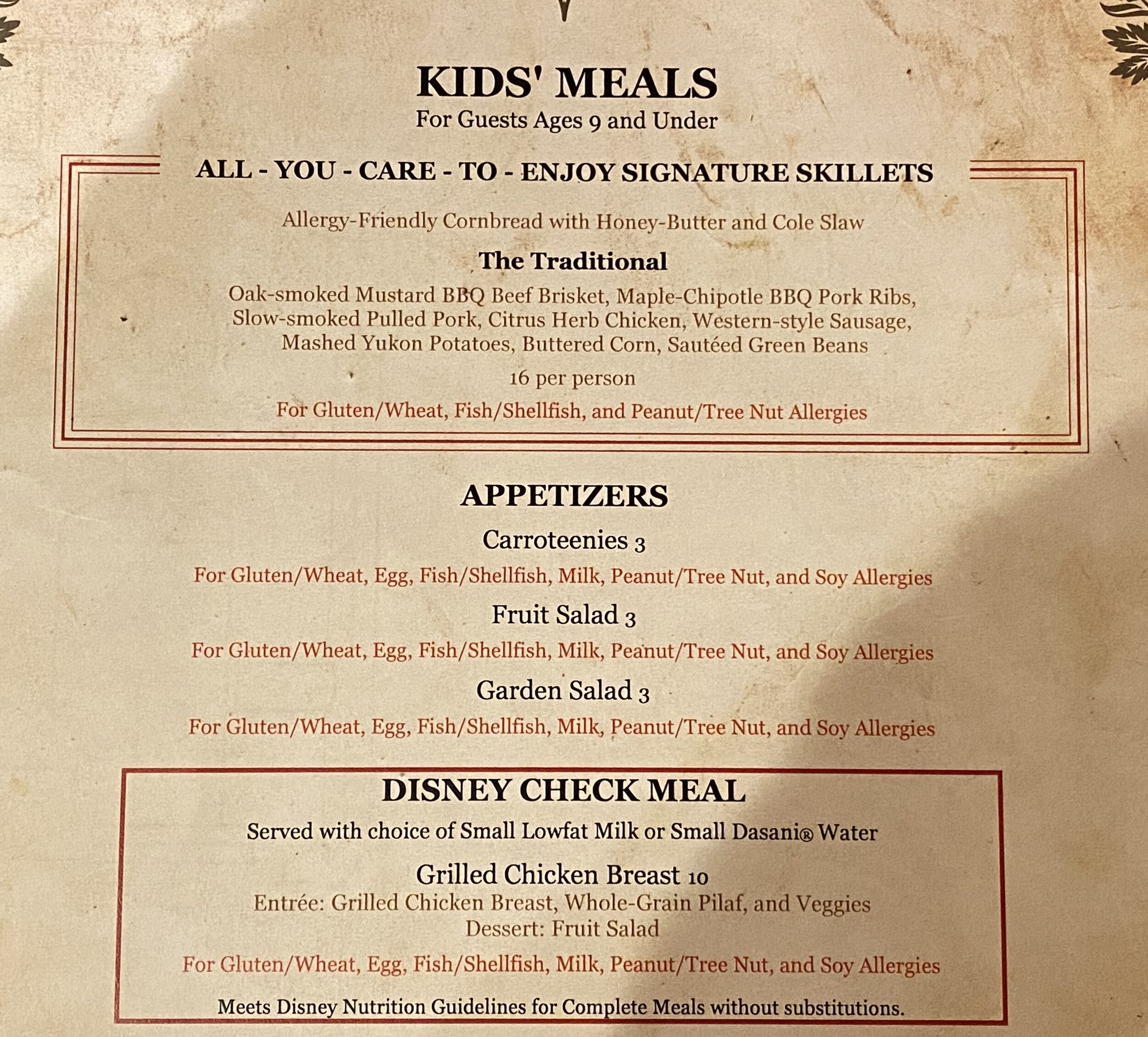 Whispering Canyon Cafe Allergy-Friendly Dinner Menu
