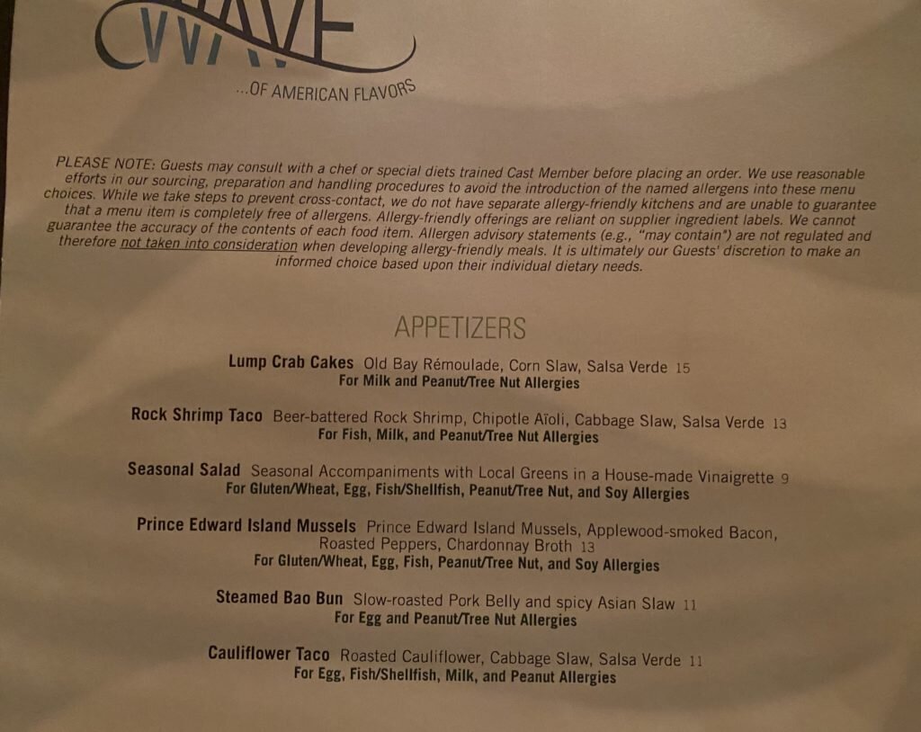 The Wave Allergy-Friendly Lunch Menu