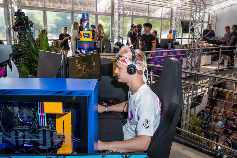 Ninja Tyler Blevins at Ninja Dojo in Red Bull pavilion at Lollapalooza Festival. It was his first day streaming on Mixer